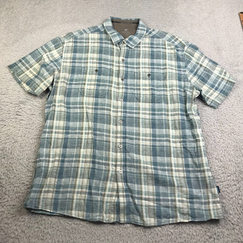 Kuhl Skorpio Shirt Mens XL Blue Plaid Linen Blend SS Button Up Outdoor Hiking
